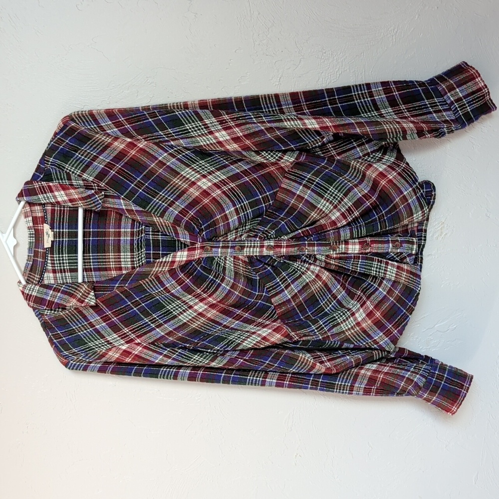 Pilcro Cinched Deep V Plaid Button Down Longsleeve Multicolor Boho Top Size L - Picture 2 of 11